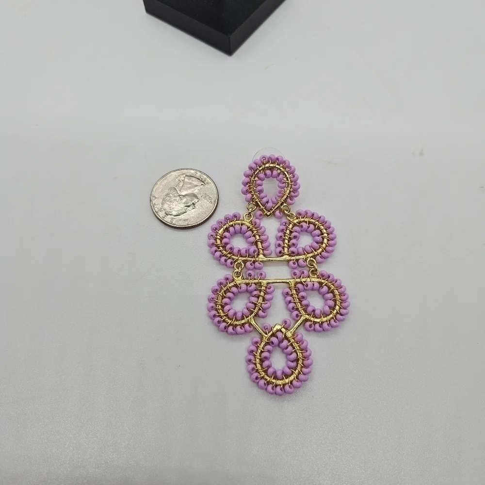 gold tone and lavender seed bead chandelier statement earrings
